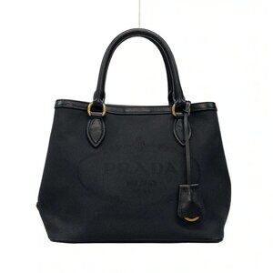 Auth PRADA Logo Jacquard 1BA172 Black Jacquard Leather - Tote Bag